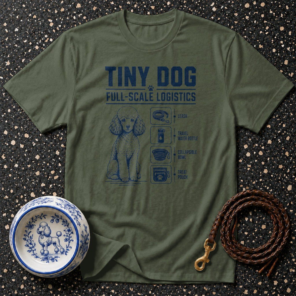 Green t-shirt with "Tiny Dog Full-Scale Logistics" and poodle illustration.