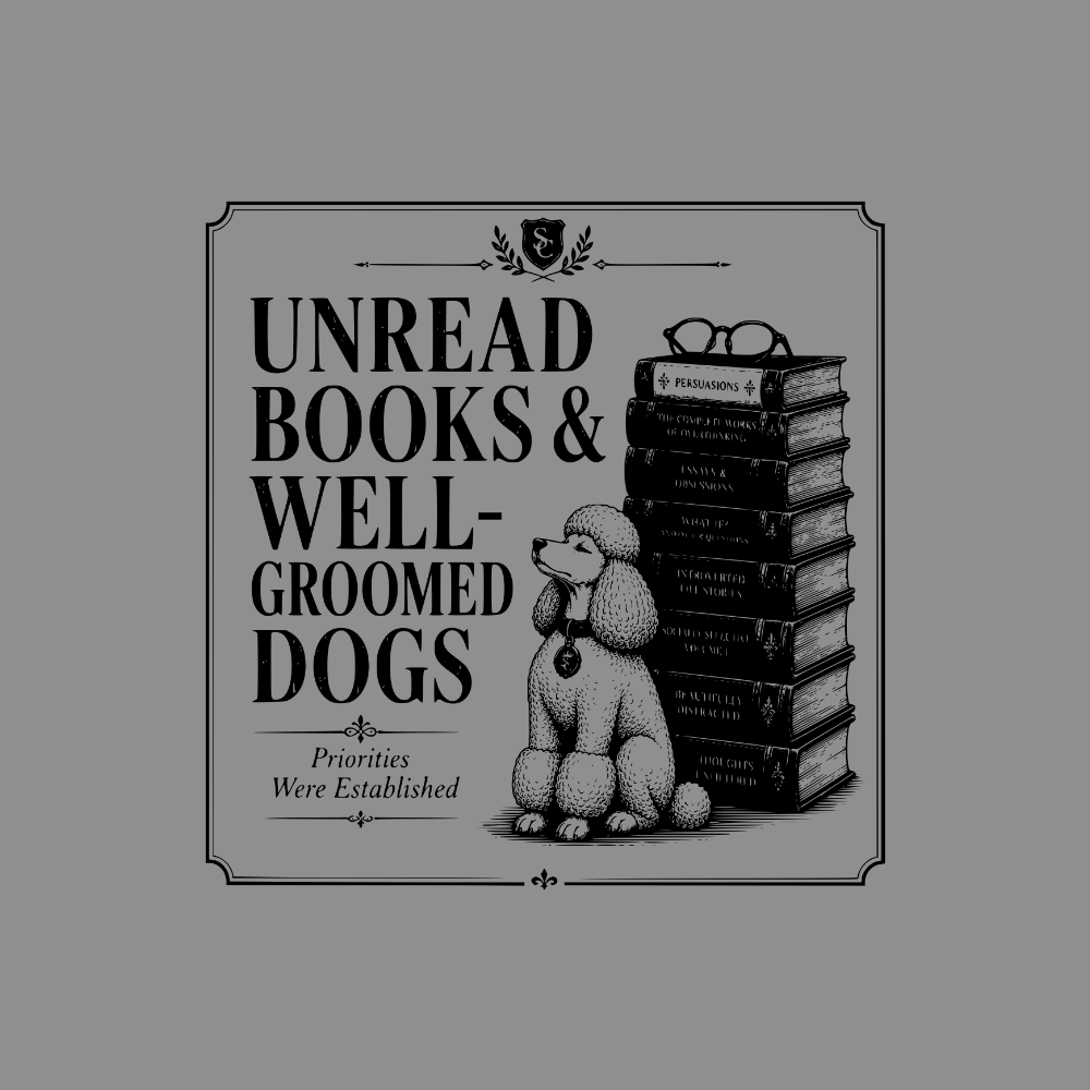 Unread books and well-groomed dogs with a poodle and stacked books.
