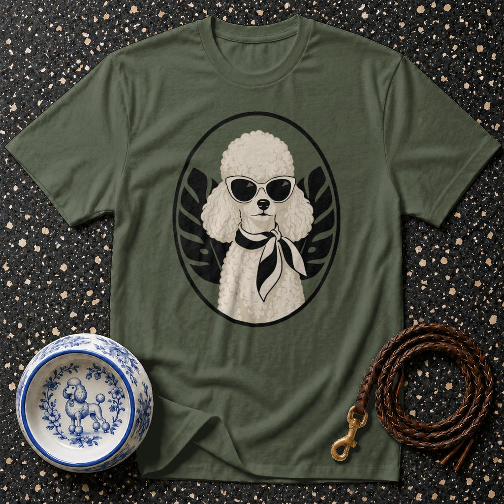 Olive green t-shirt with a graphic of a white poodle wearing sunglasses and a scarf.