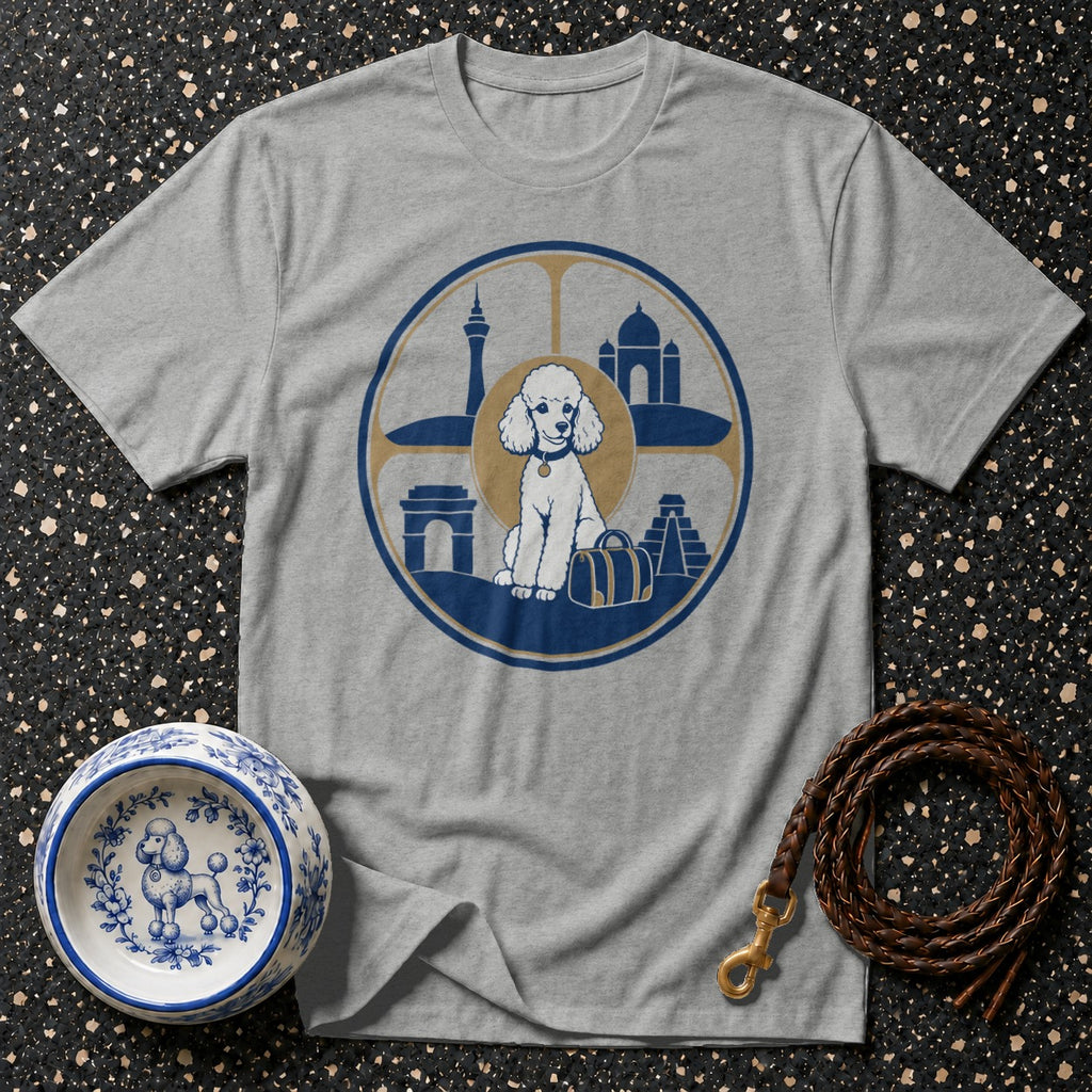 Grey t-shirt with a white poodle, luggage, and world landmarks in a circular design.