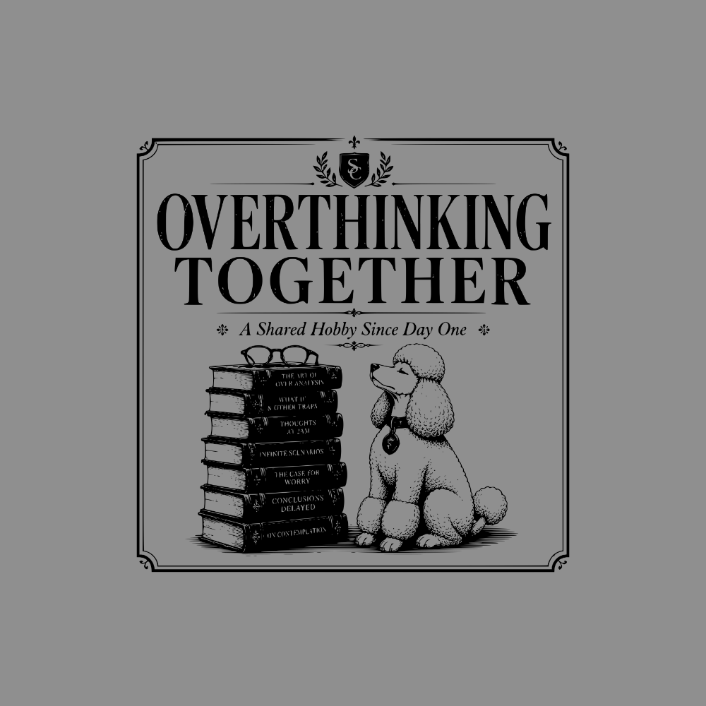 Poodle next to stack of books titled "Overthinking Together" and related topics.