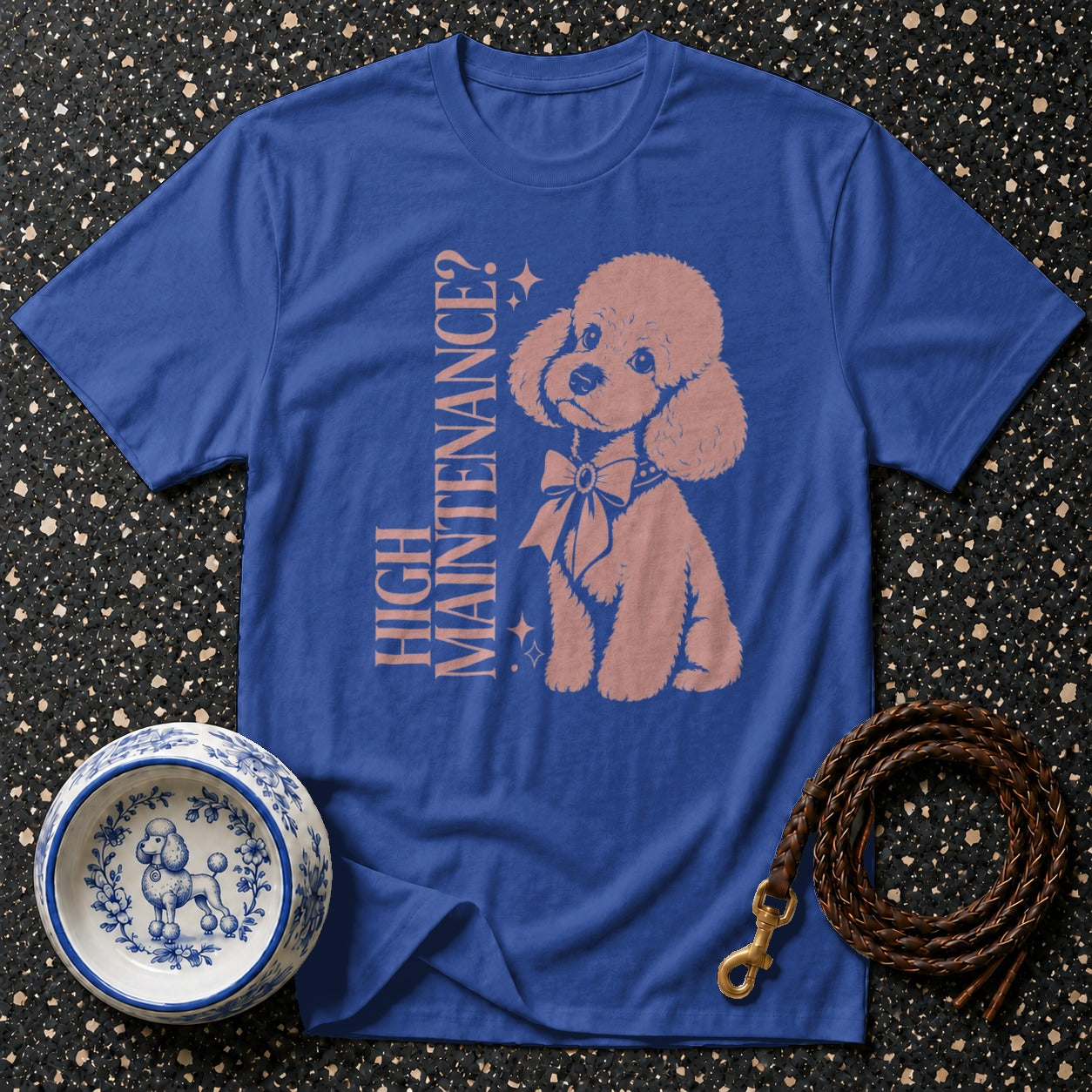 Blue t-shirt with pink poodle graphic and "HIGH MAINTENANCE?" text.