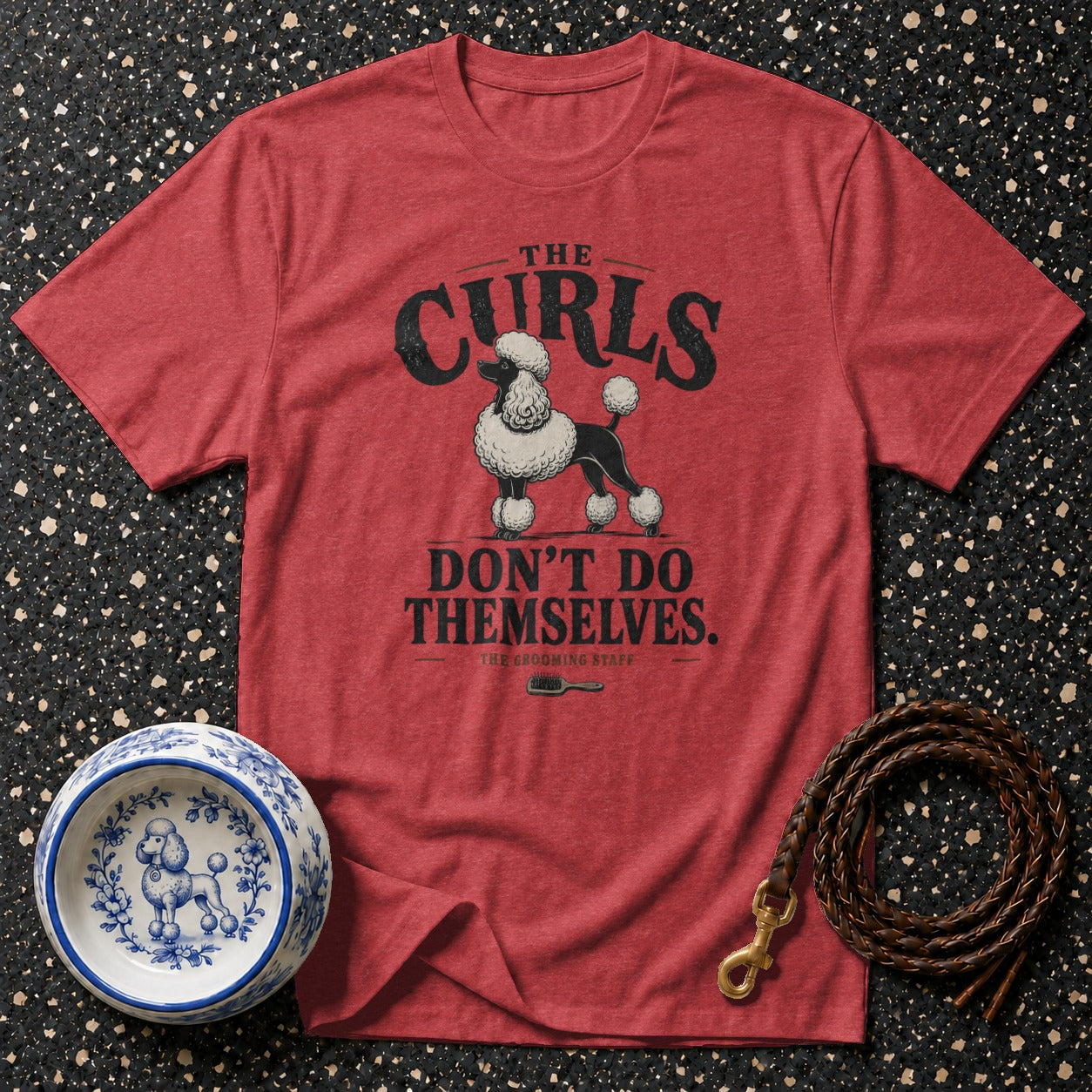 Red t-shirt with a poodle graphic and "The Curls Don't Do Themselves" text.