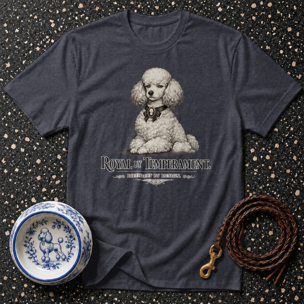 Dark gray t-shirt with a white poodle graphic and "Royal by Temperament" text.