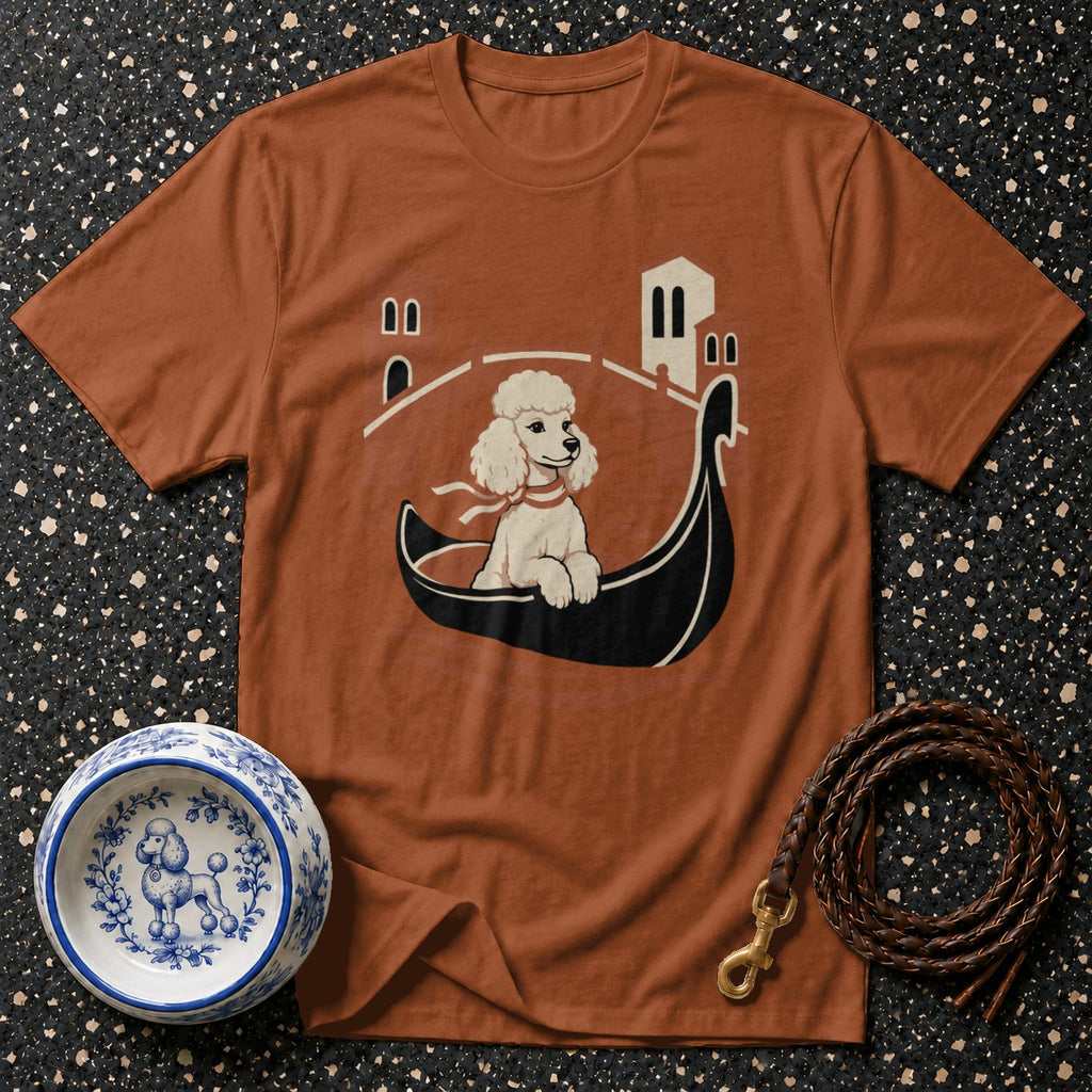 Brown t-shirt with white poodle in a gondola illustration, Venice backdrop.