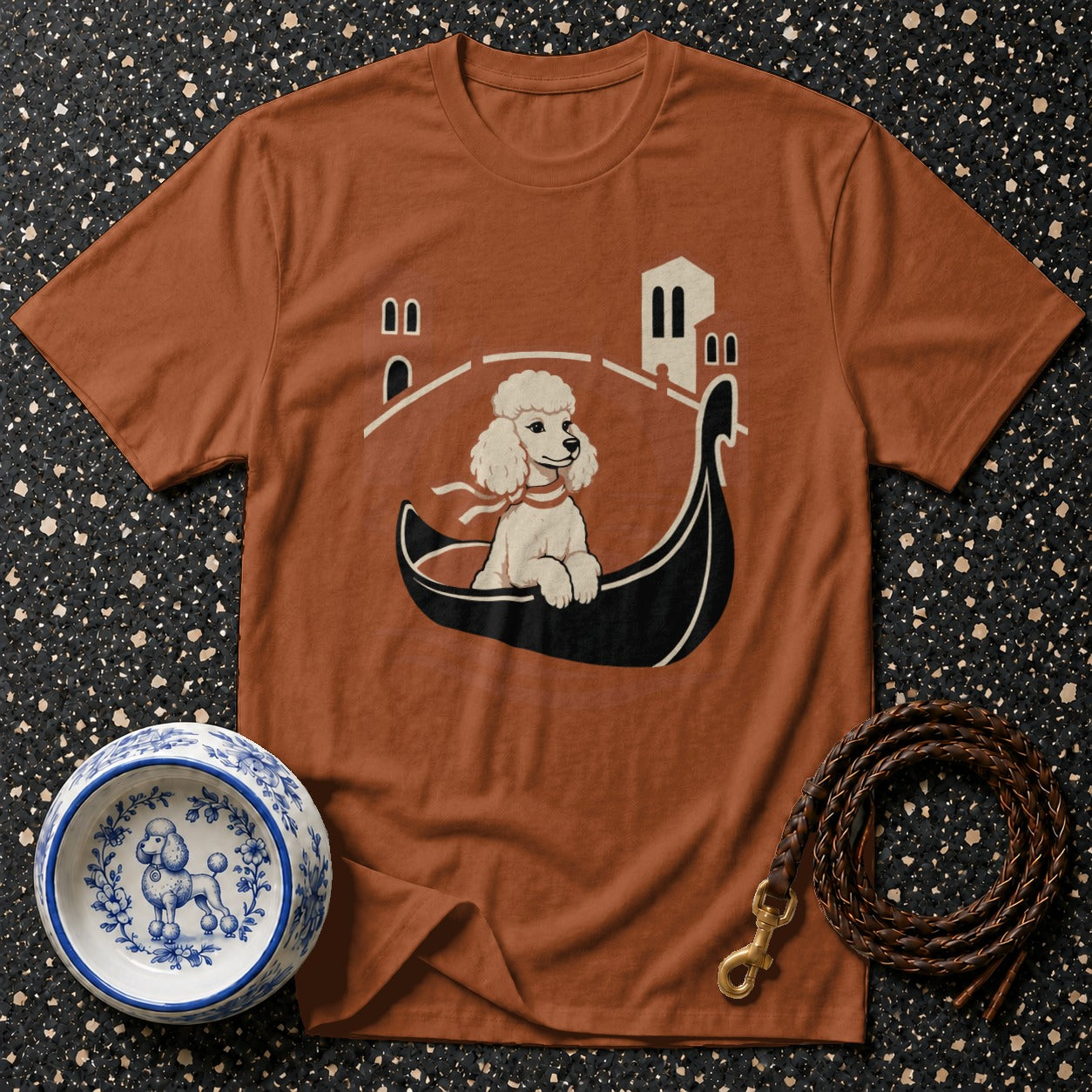 Brown t-shirt with white poodle in a gondola illustration, Venice backdrop.