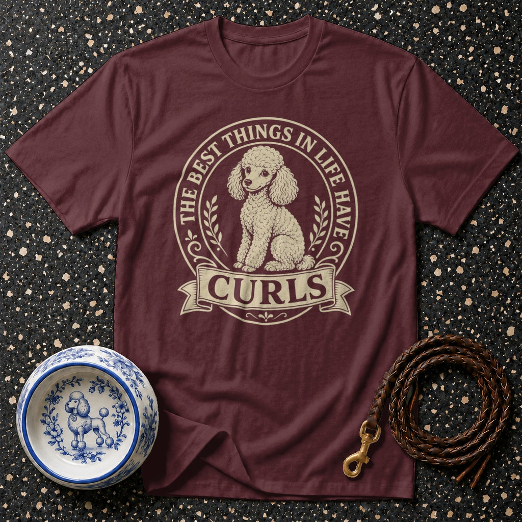 Maroon t-shirt with a poodle graphic and text "The best things in life have curls."