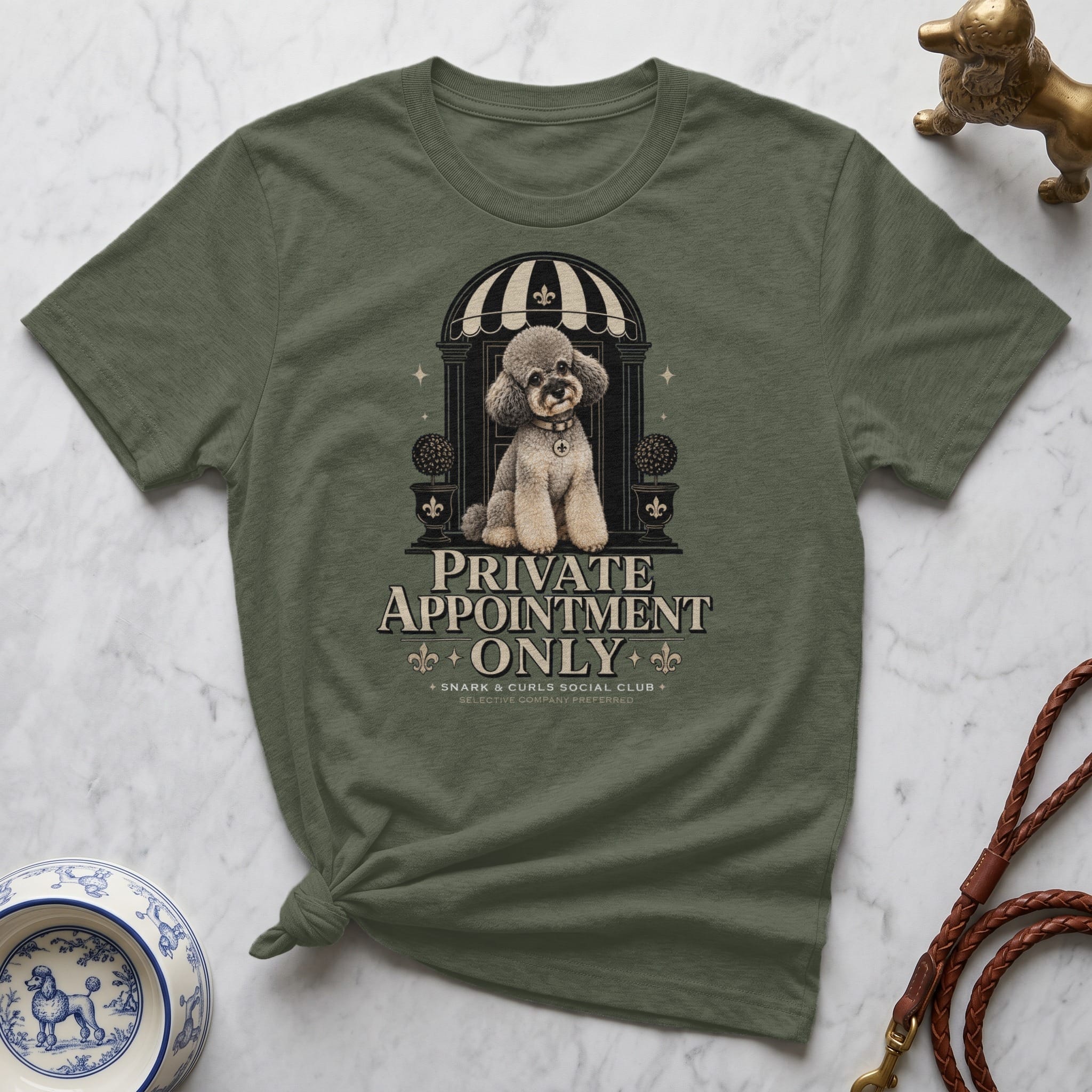 Olive green t-shirt with a poodle illustration and "Private Appointment Only" text.