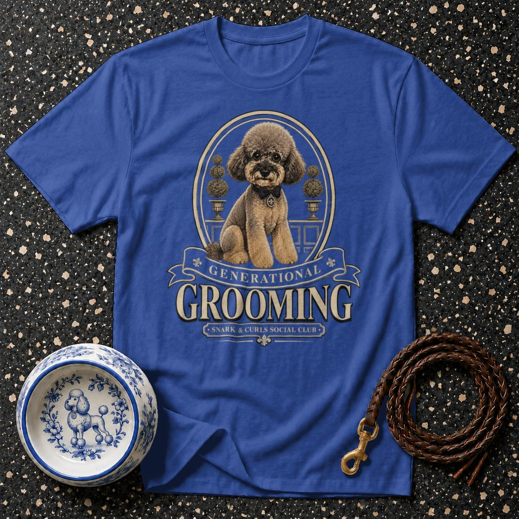 Blue t-shirt with poodle graphic and text "GENERATIONAL GROOMING".