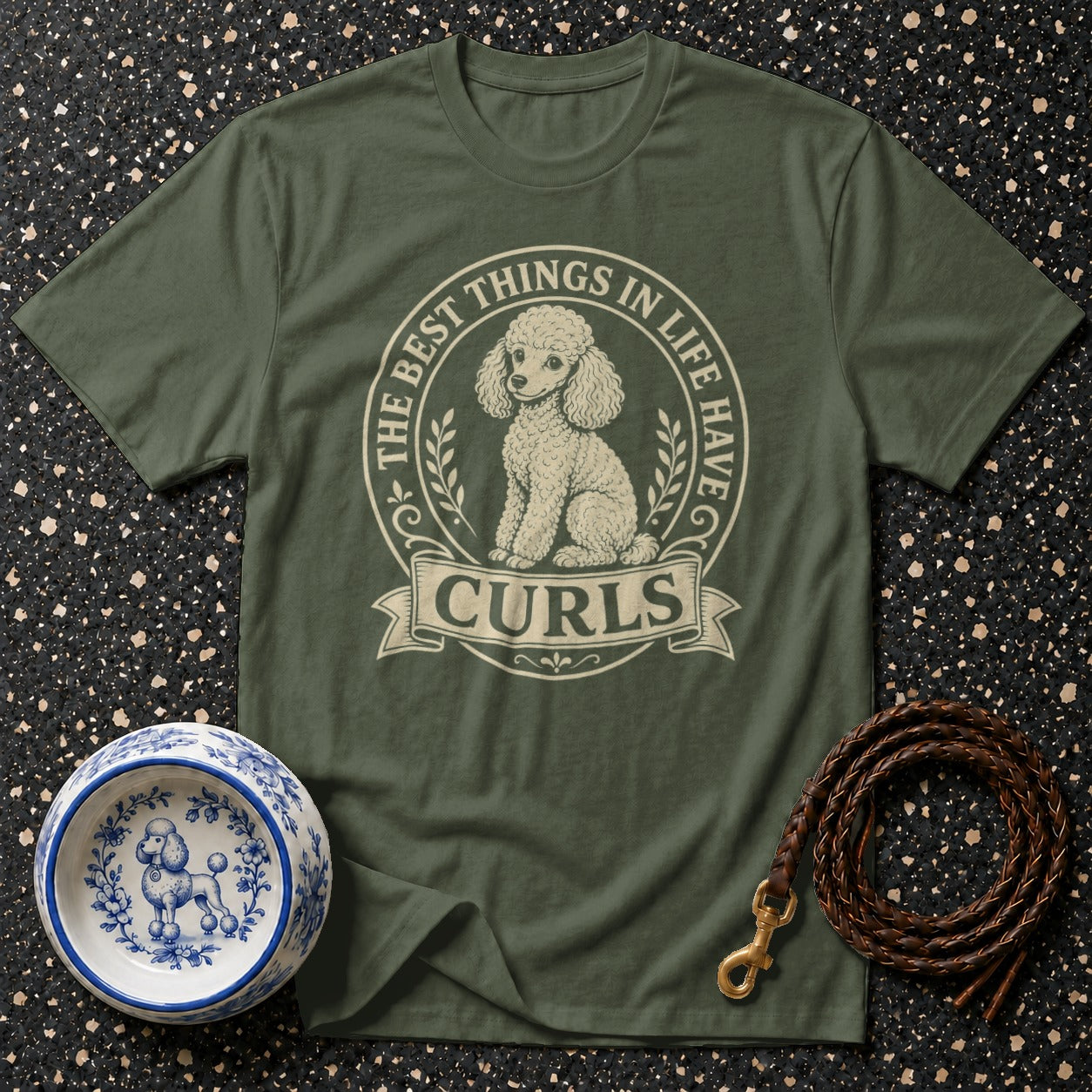 Green t-shirt with poodle graphic and text "The Best Things in Life Have Curls".