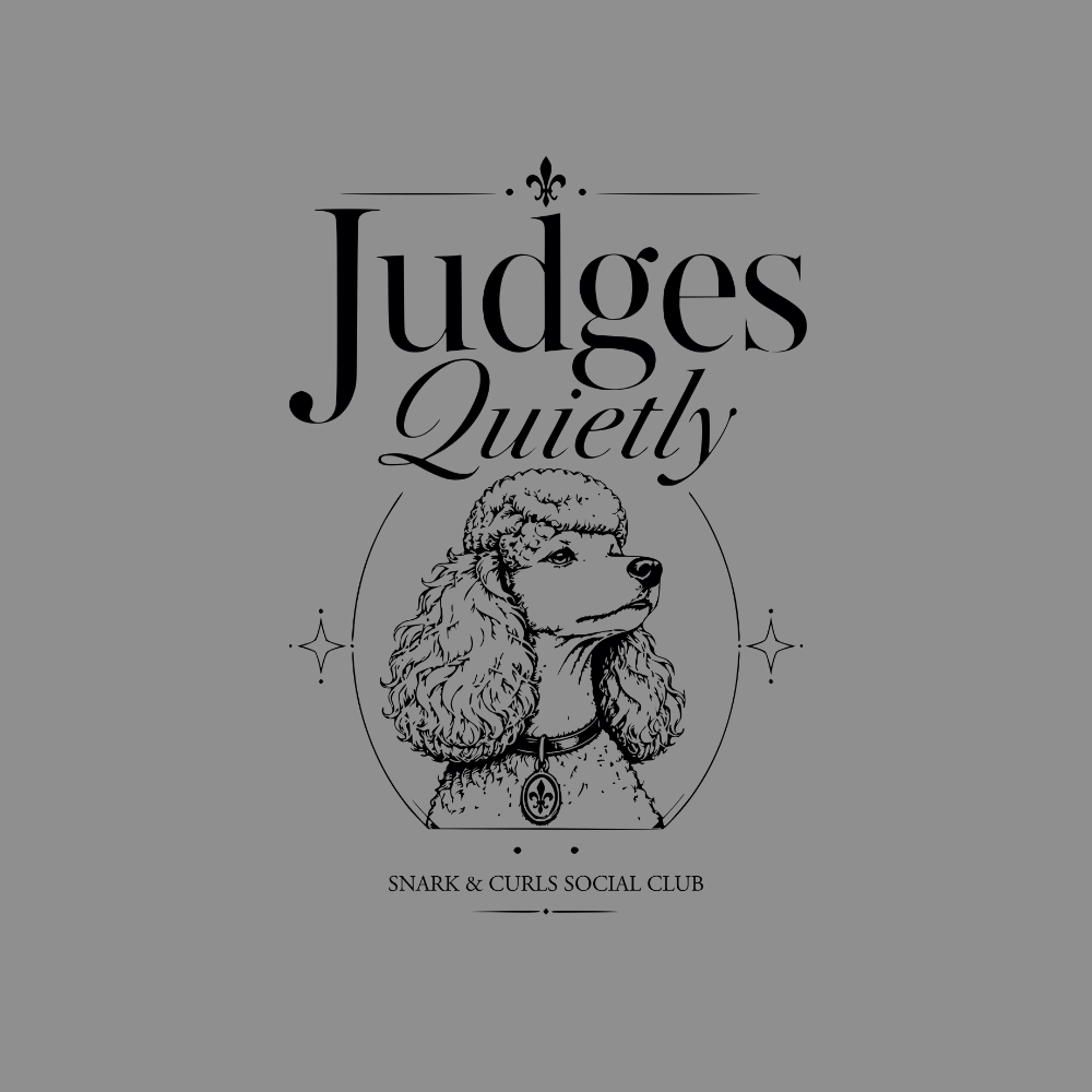 Judges Quietly poodle logo with "Snark & Curls Social Club" text.