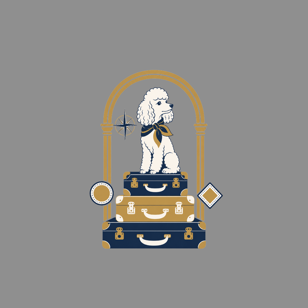 Poodle sitting on stack of vintage luggage with compass and decorative elements.