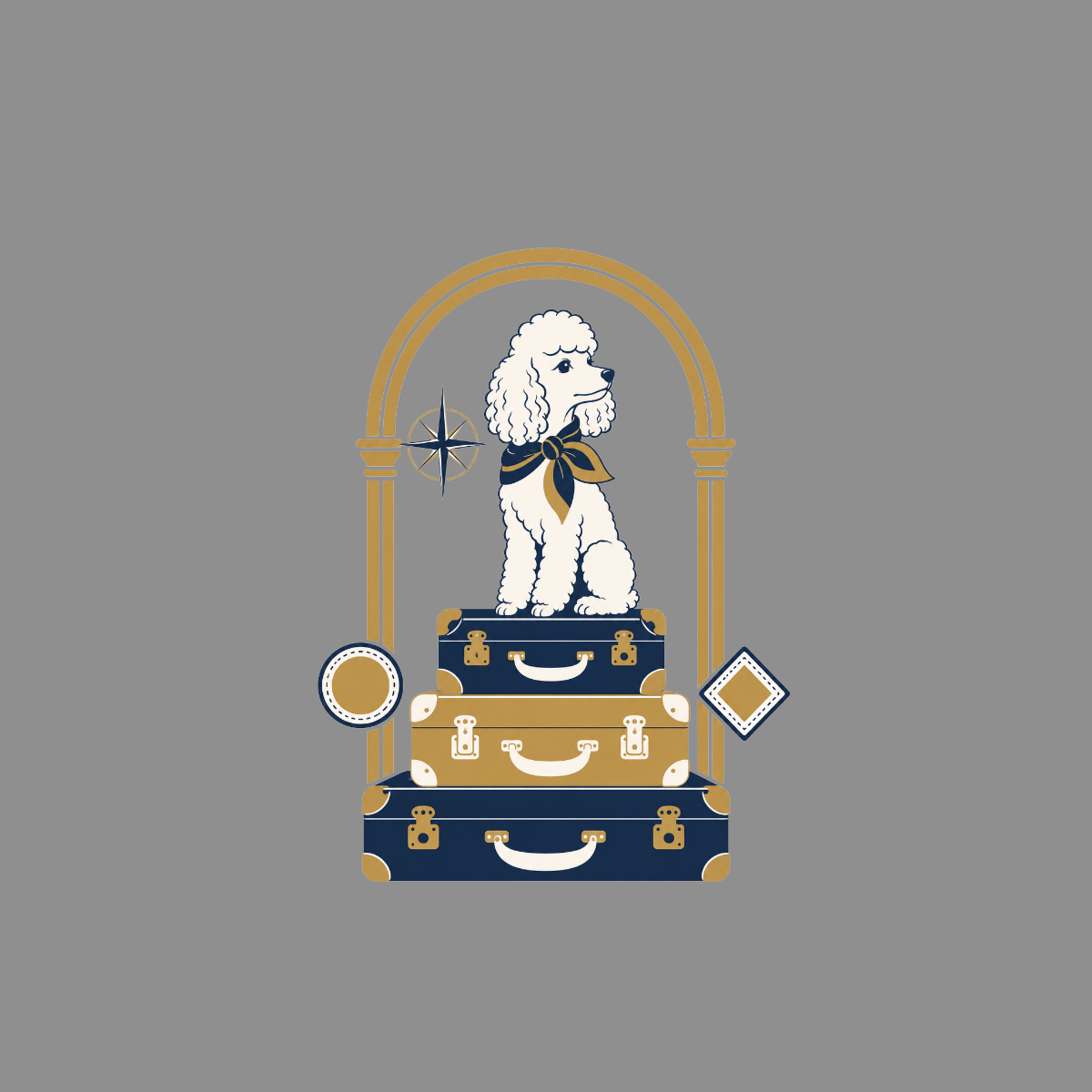 Poodle sitting on stack of vintage luggage with compass and decorative elements.