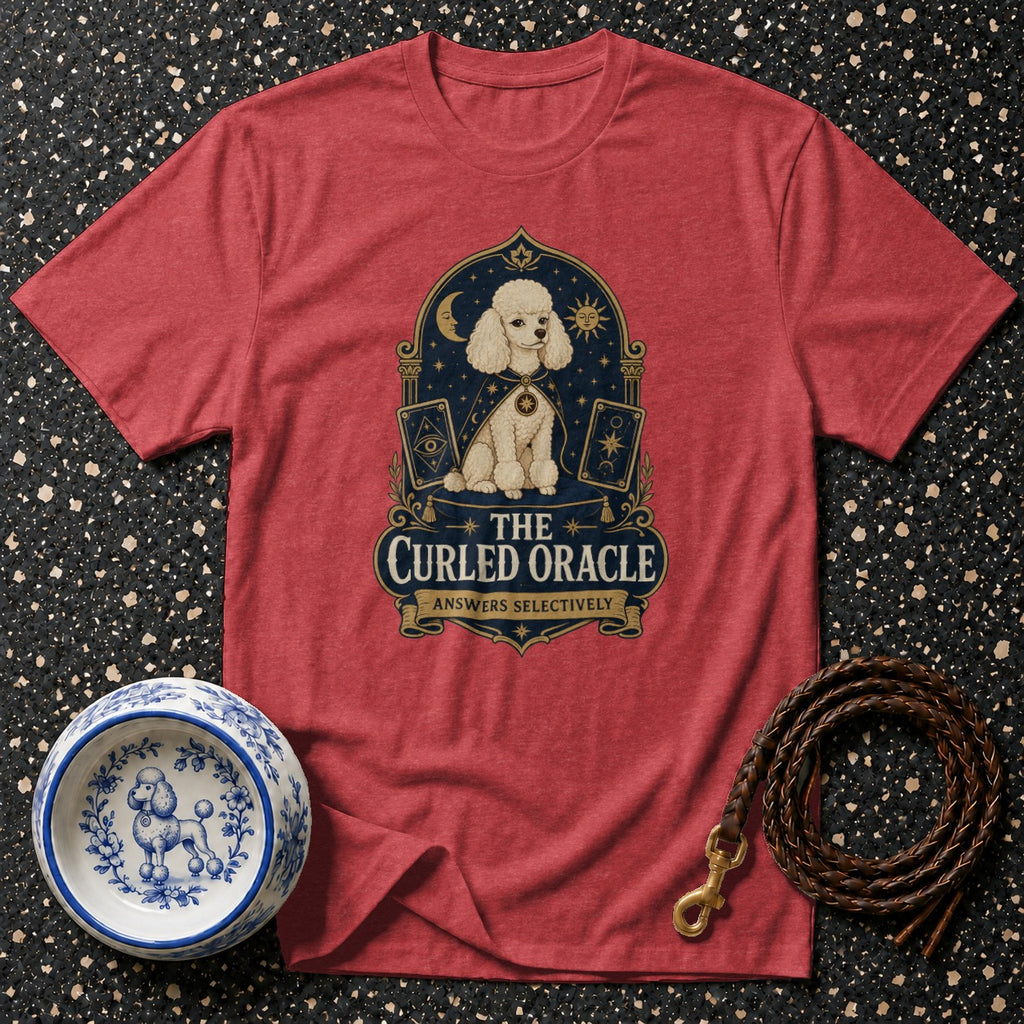 Red t-shirt with poodle oracle graphic and text "The Curled Oracle Answers Selectively."