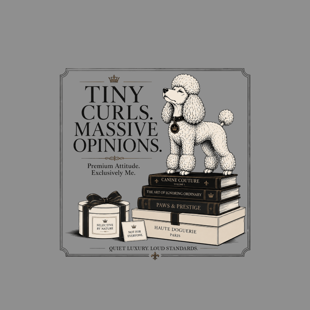 White poodle on stacked books with text about "tiny curls, massive opinions."