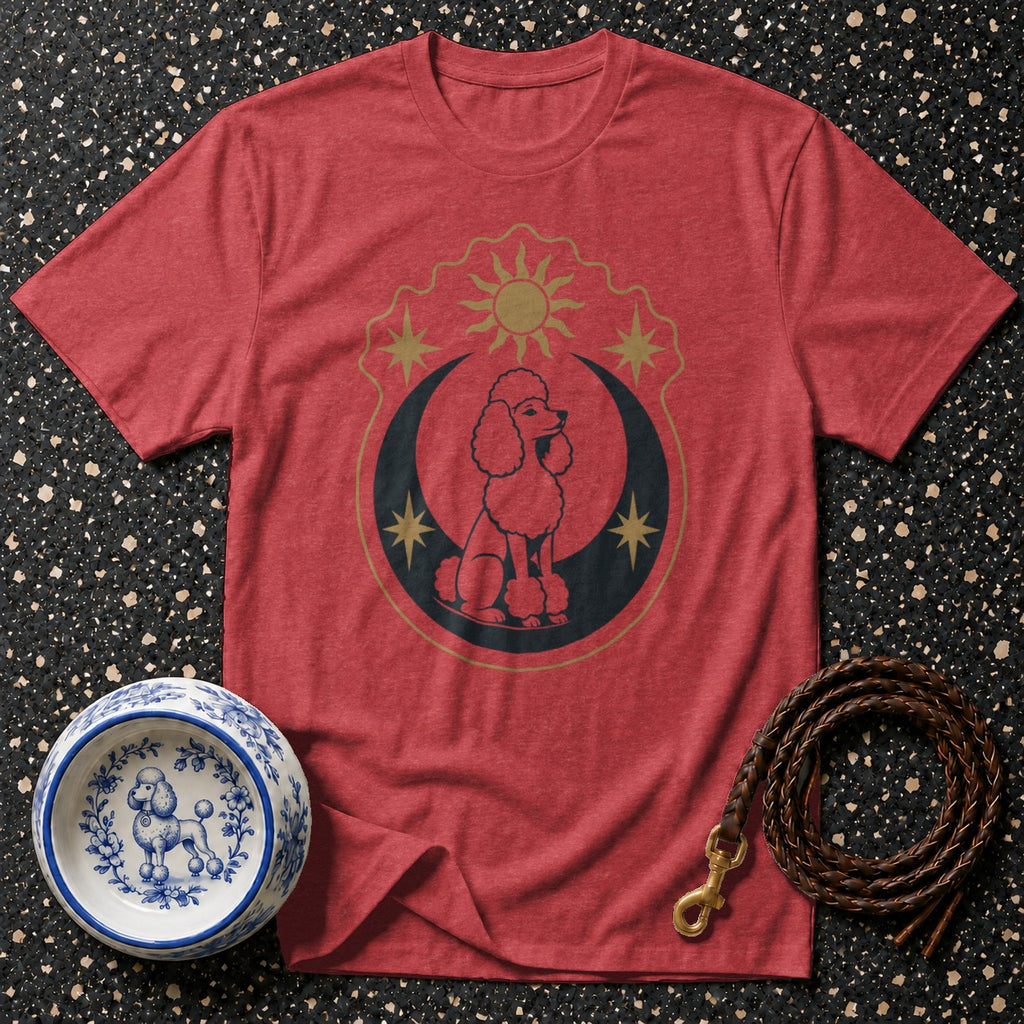 Red t-shirt with poodle graphic, dog bowl, and leash.