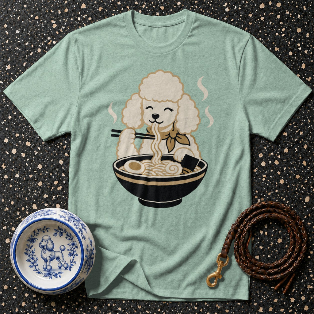 Mint t-shirt with a cartoon poodle eating ramen noodles and a decorative dog bowl.