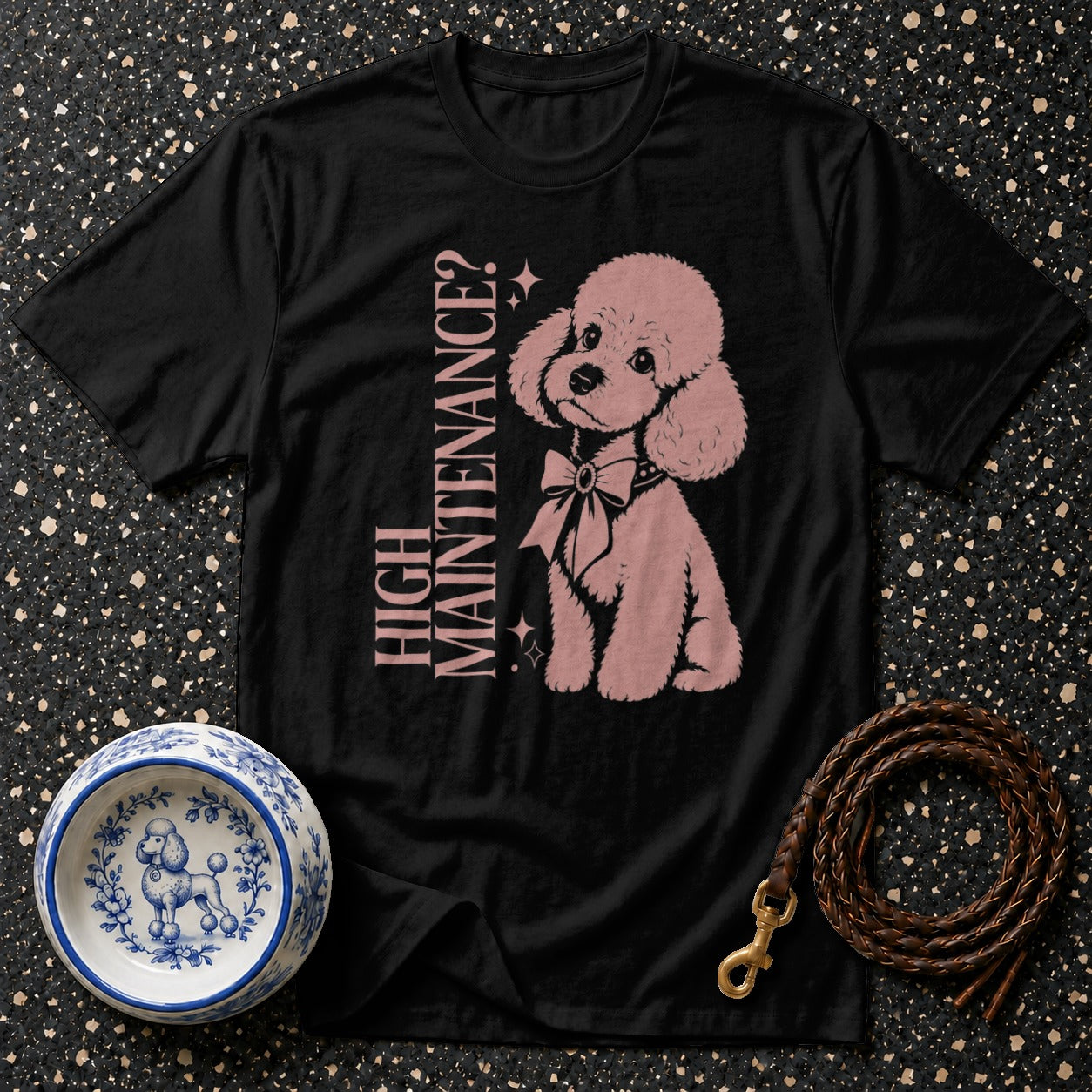 Black t-shirt with pink poodle graphic and "HIGH MAINTENANCE?" text.