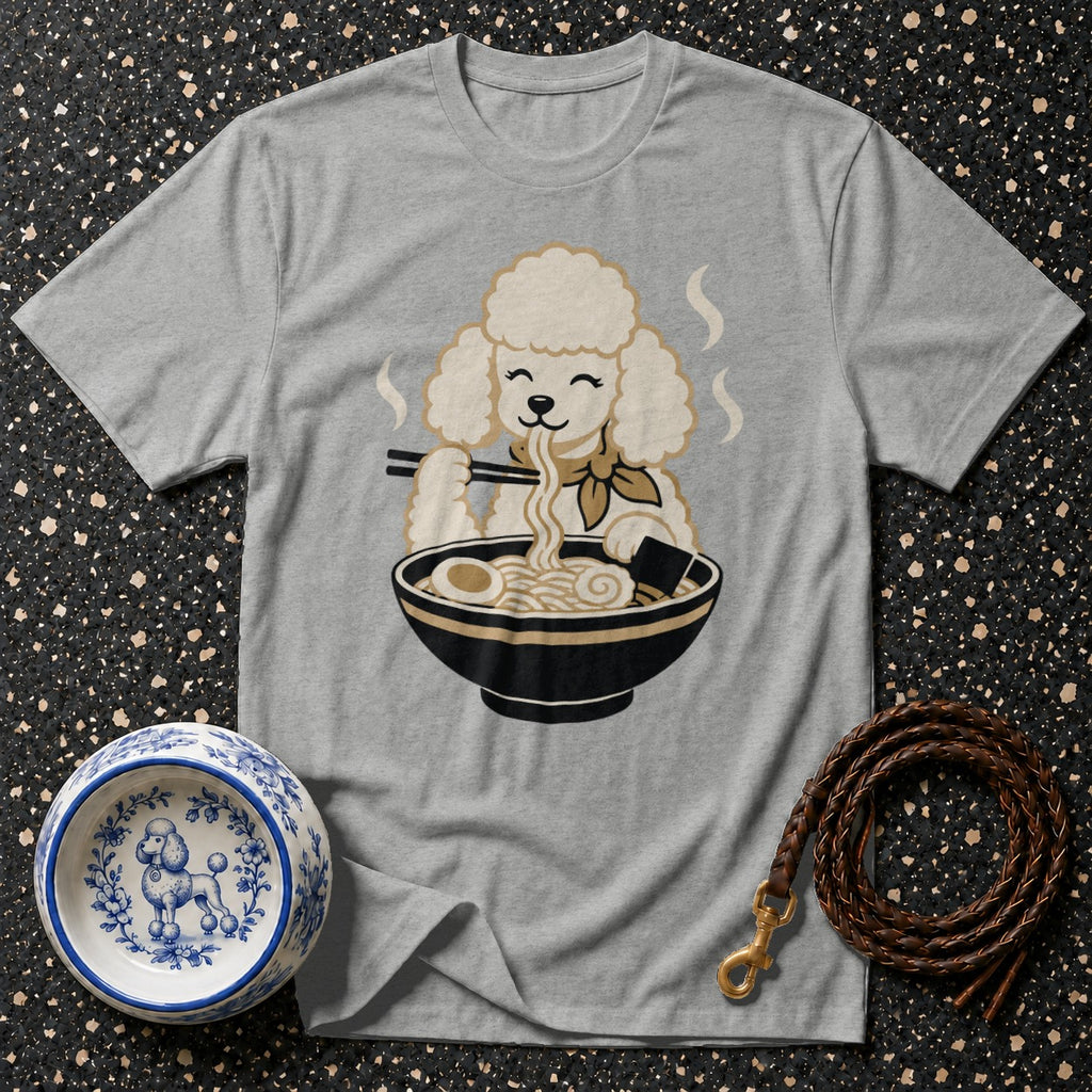 Grey t-shirt with a poodle eating ramen noodles graphic, dog bowl, and leash.