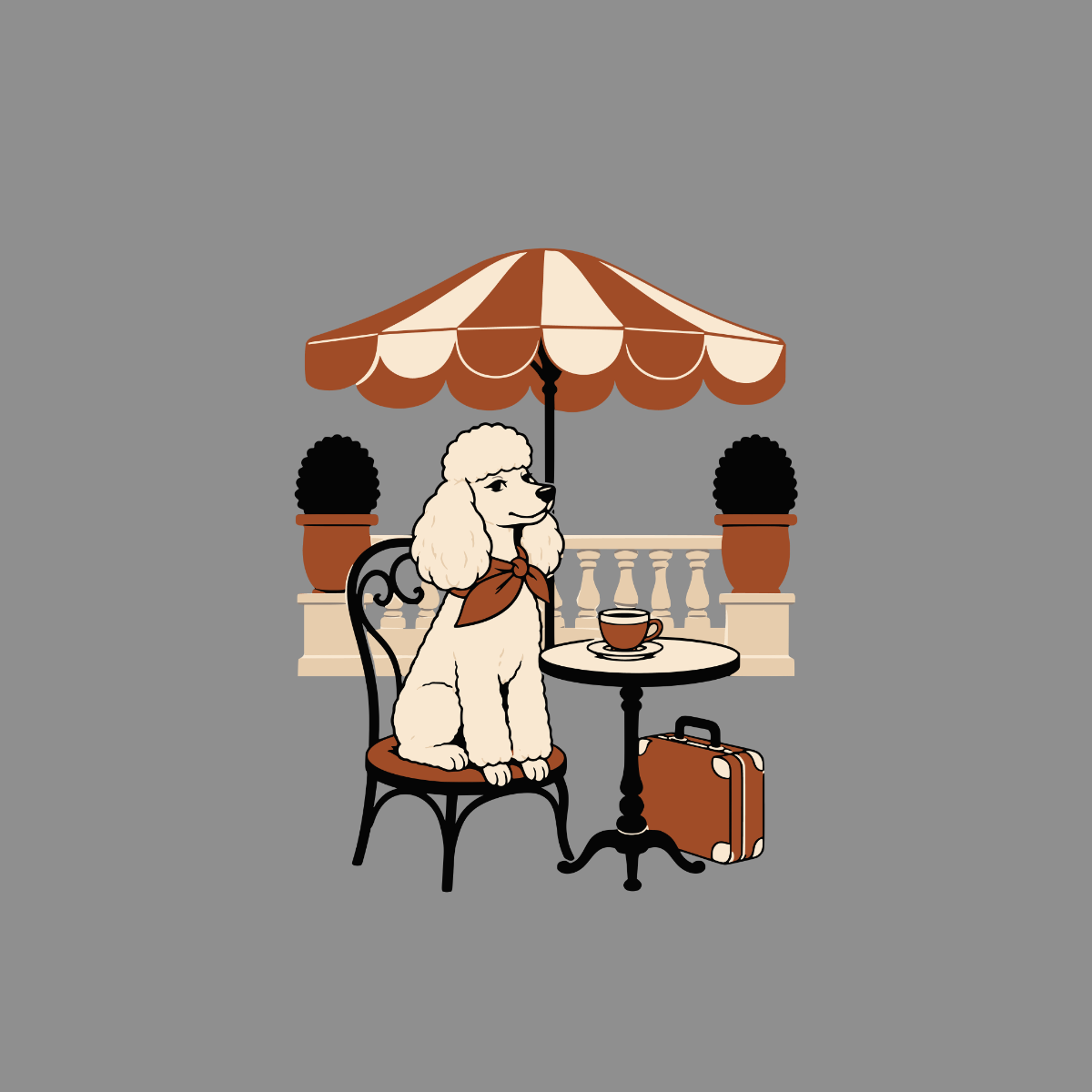 Cream poodle with red scarf sits at a cafe table with coffee and suitcase.