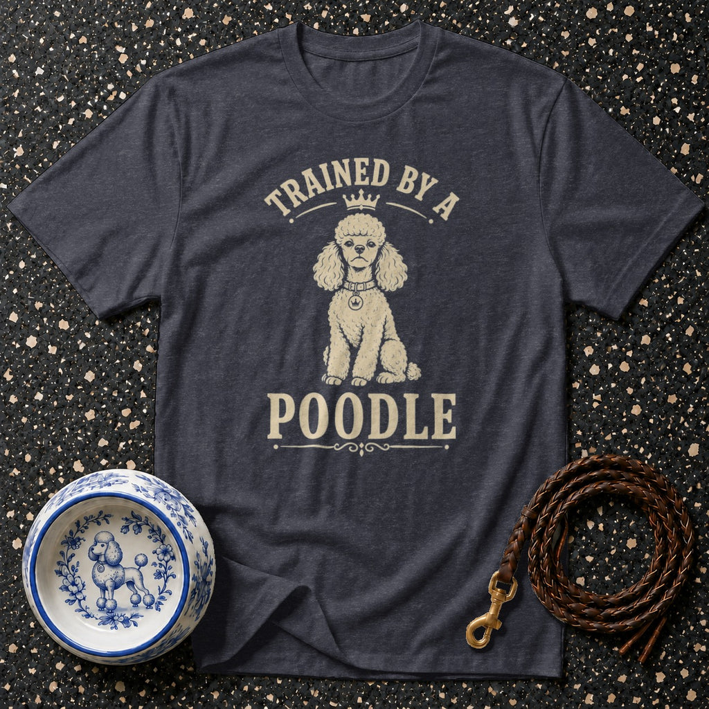 Dark grey t-shirt with a poodle design and text "TRAINED BY A POODLE".