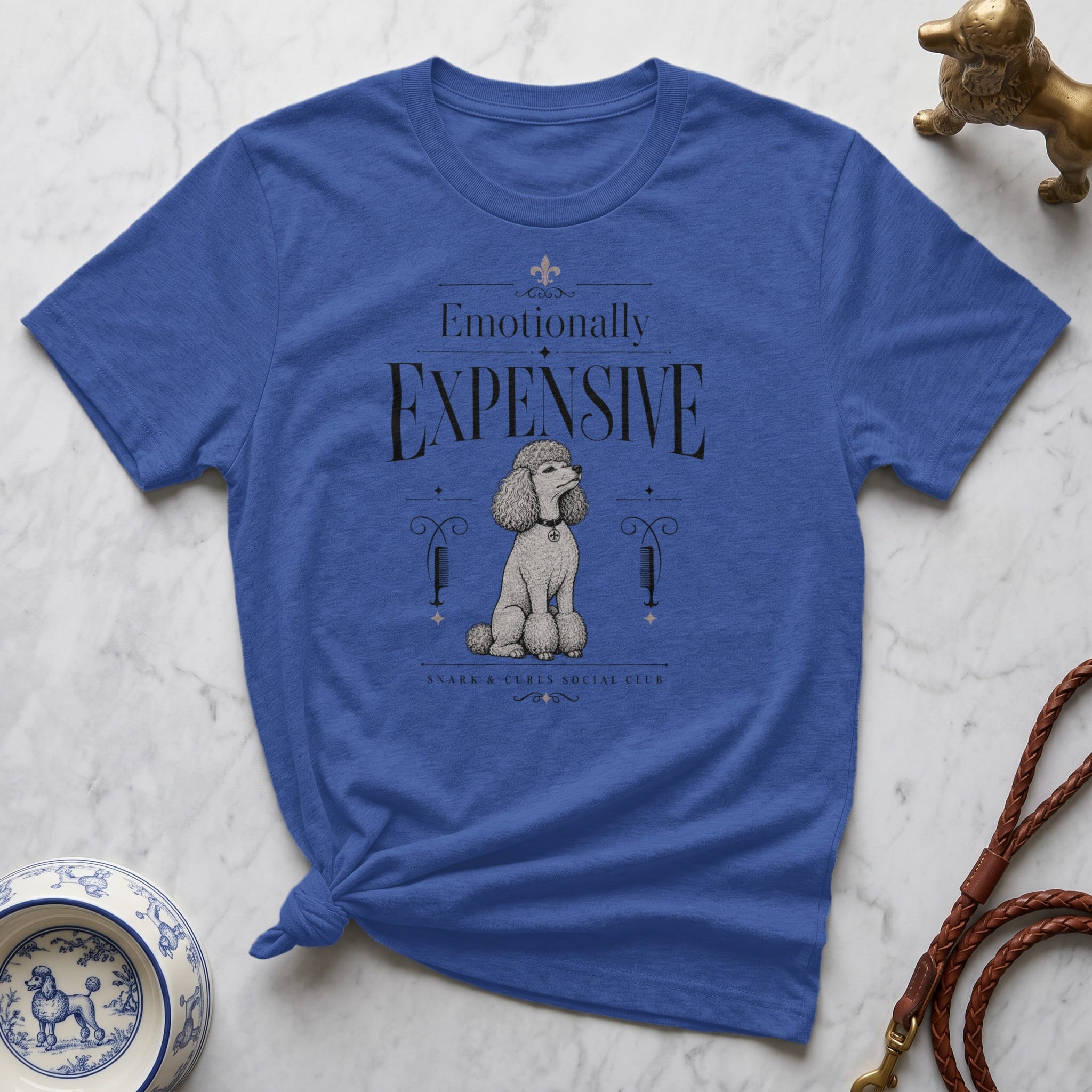 Blue t-shirt with a poodle graphic and text "Emotionally Expensive".