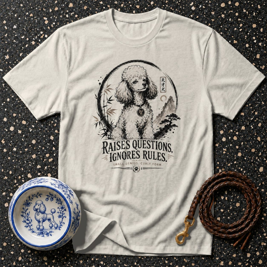 T-shirt with a poodle illustration in a circle, reading "Raises Questions, Ignores Rules."