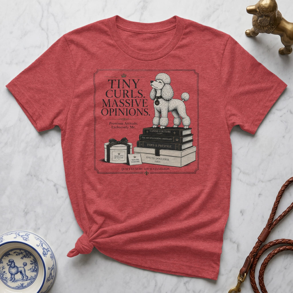 T-shirt with a poodle on stacked books and humorous text.