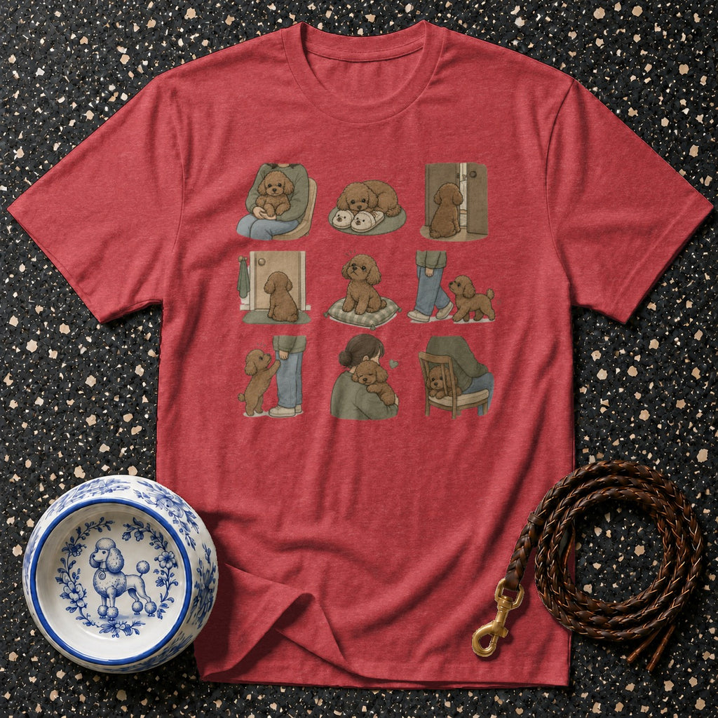 Red t-shirt with a grid of nine illustrations of playful poodles.