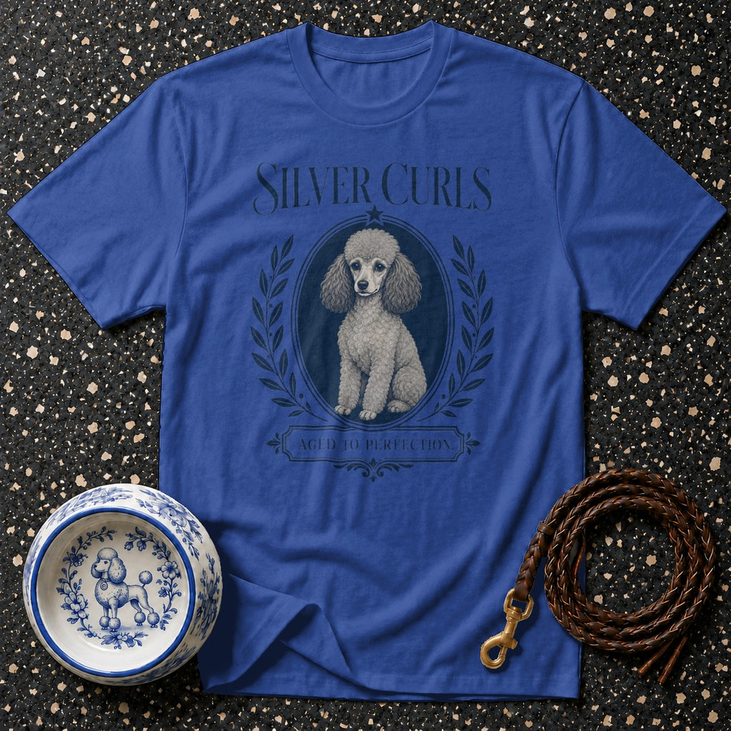 Blue t-shirt with "Silver Curls Aged to Perfection" and a poodle illustration.
