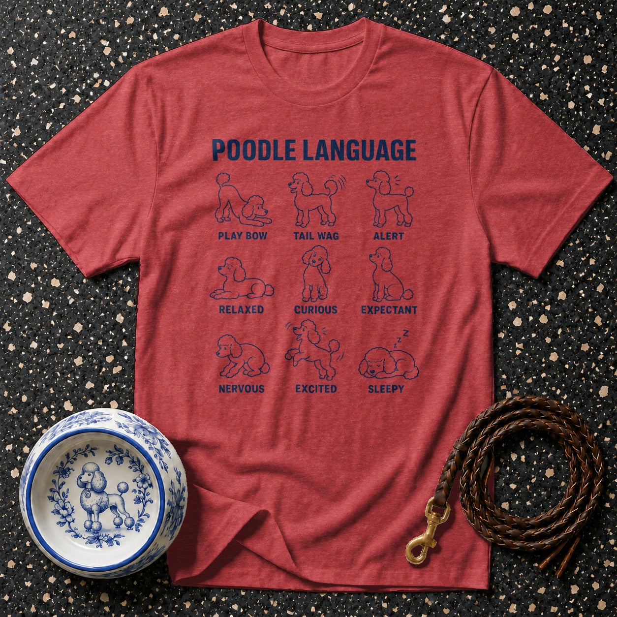 Red t-shirt with "Poodle Language" and nine poodle illustrations depicting different moods.