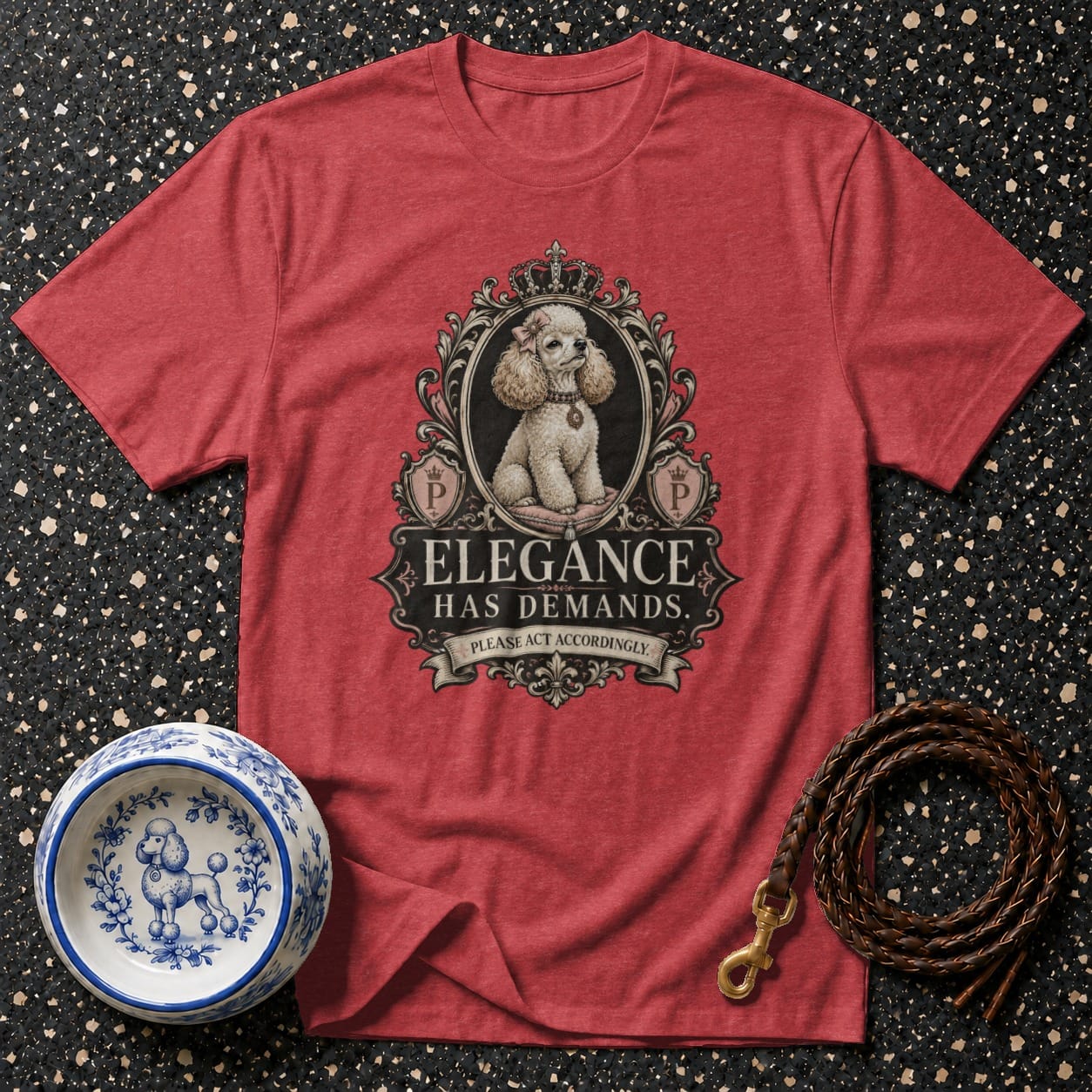 Red t-shirt with "Elegance Has Demands" design featuring a poodle.