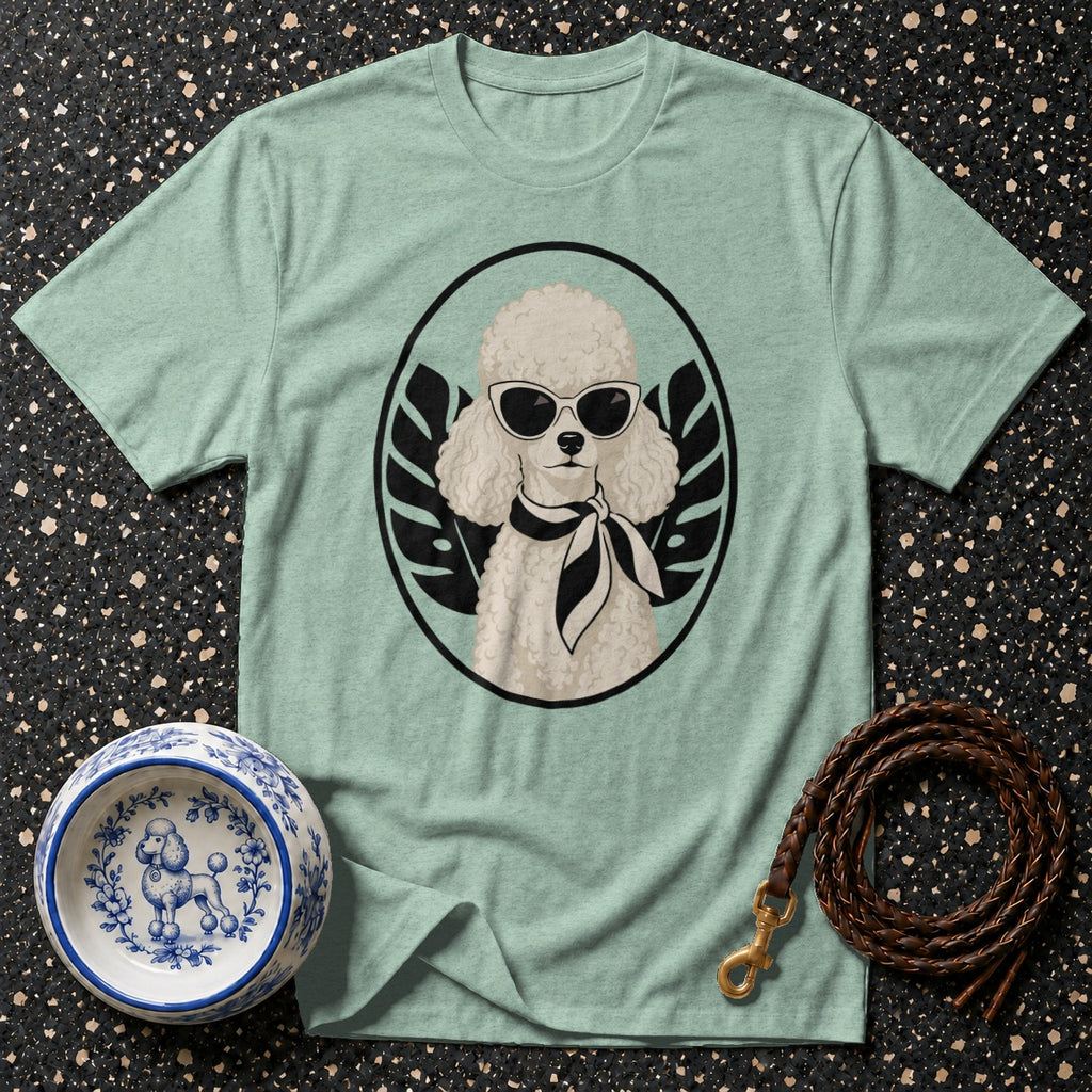 Light teal t-shirt with a white poodle graphic wearing sunglasses and a scarf.