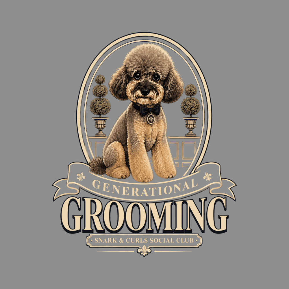 Poodle on a gray background with "Generational Grooming" text.