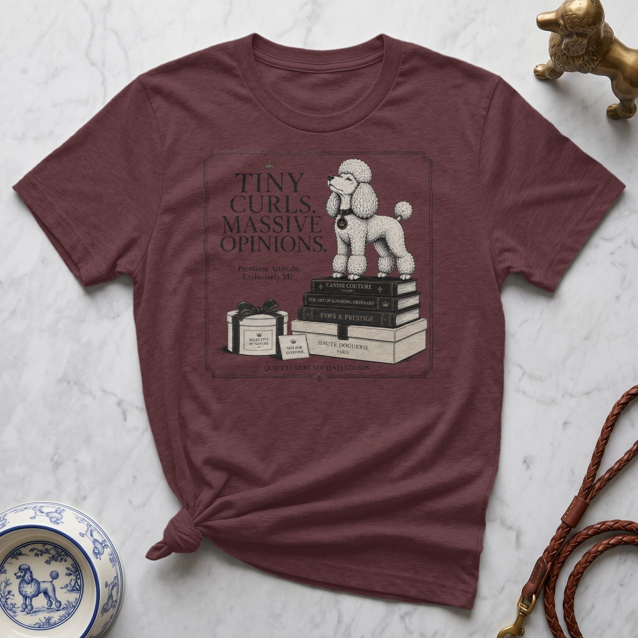 T-shirt with a poodle on books, text "TINY CURLS. MASSIVE OPINIONS."