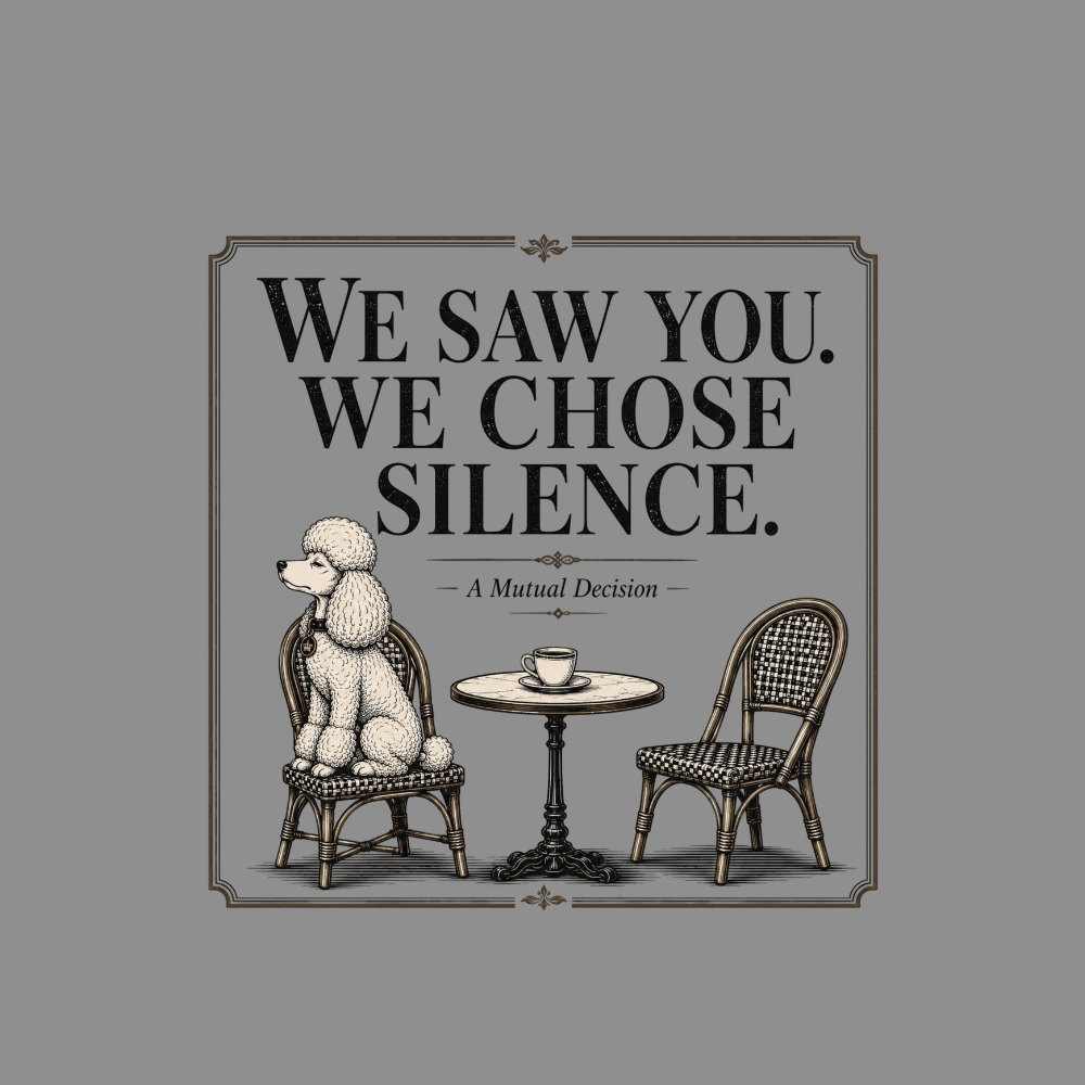 Poodle sits alone at a table with two chairs and a cup.
