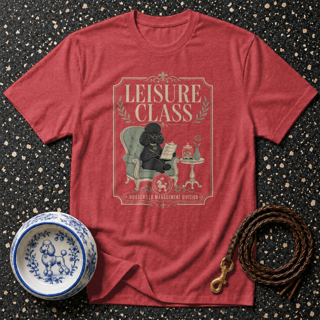 Red t-shirt with "Leisure Class Household Management Division" graphic featuring a poodle.
