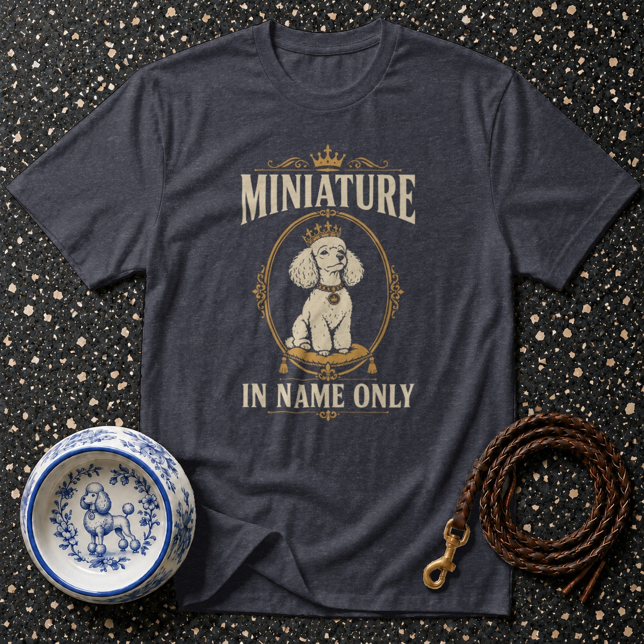 Dark grey t-shirt with "Miniature In Name Only" text and a poodle graphic.