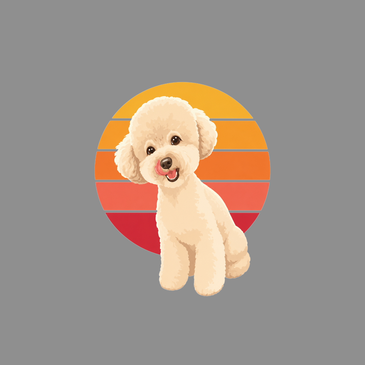 Cream poodle sitting in front of a retro sunset circle.