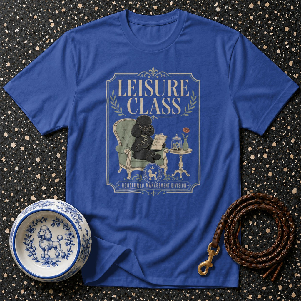 Blue t-shirt with a poodle sitting in a chair reading, "LEISURE CLASS" text.
