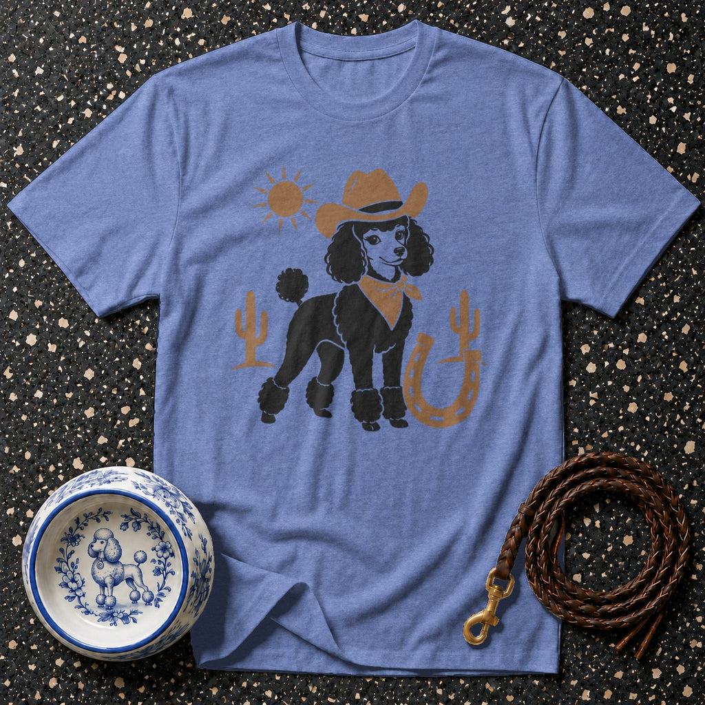 Blue t-shirt with a poodle wearing a cowboy hat and bandana, with desert graphics.
