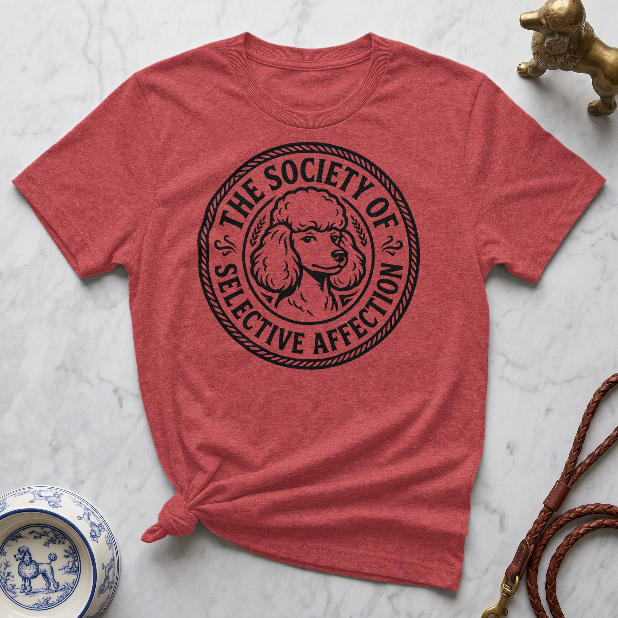 Red t-shirt with "The Society of Selective Affection" circular logo featuring a poodle.