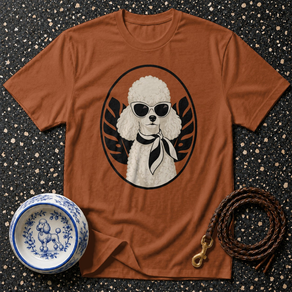 Brown t-shirt with a white poodle wearing sunglasses and a scarf graphic.