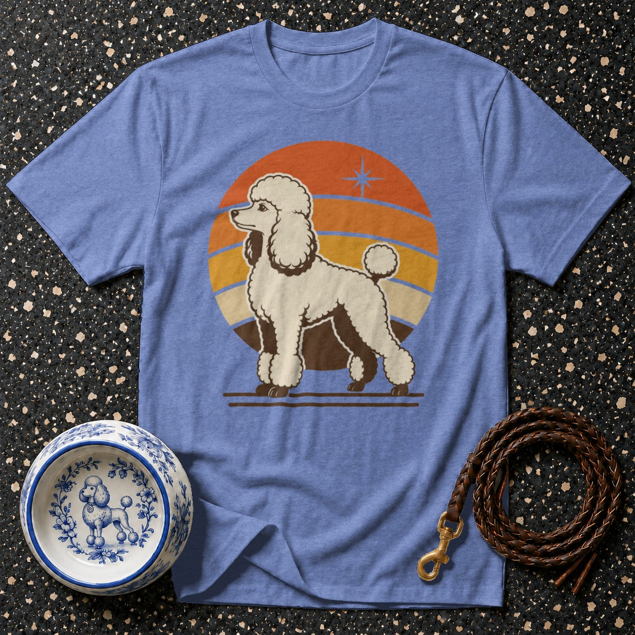 Blue t-shirt with a poodle graphic and a dog bowl and leash.