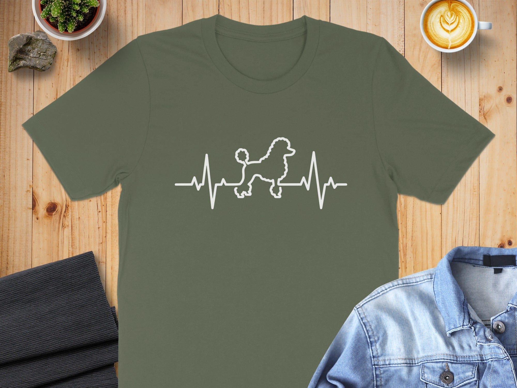 Poodle Heartbeat Design Olive Green T-Shirt