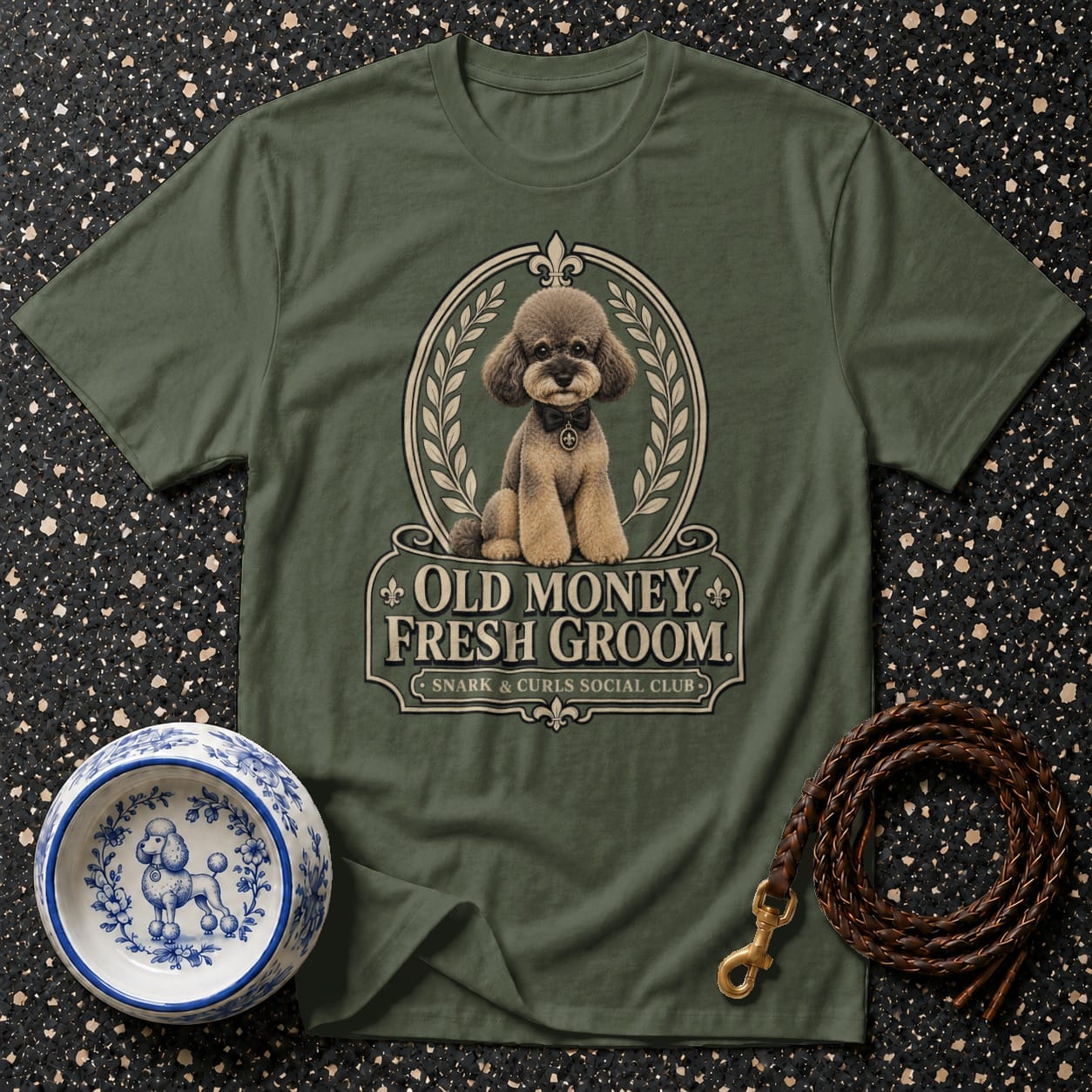 Green t-shirt with poodle graphic, "Old Money. Fresh Groom. Snark & Curls Social Club."