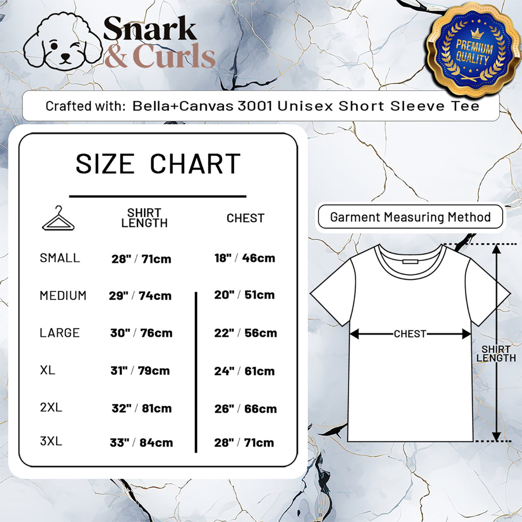 Bella+Canvas 3001 unisex short sleeve tee size chart with chest and shirt length measurements.