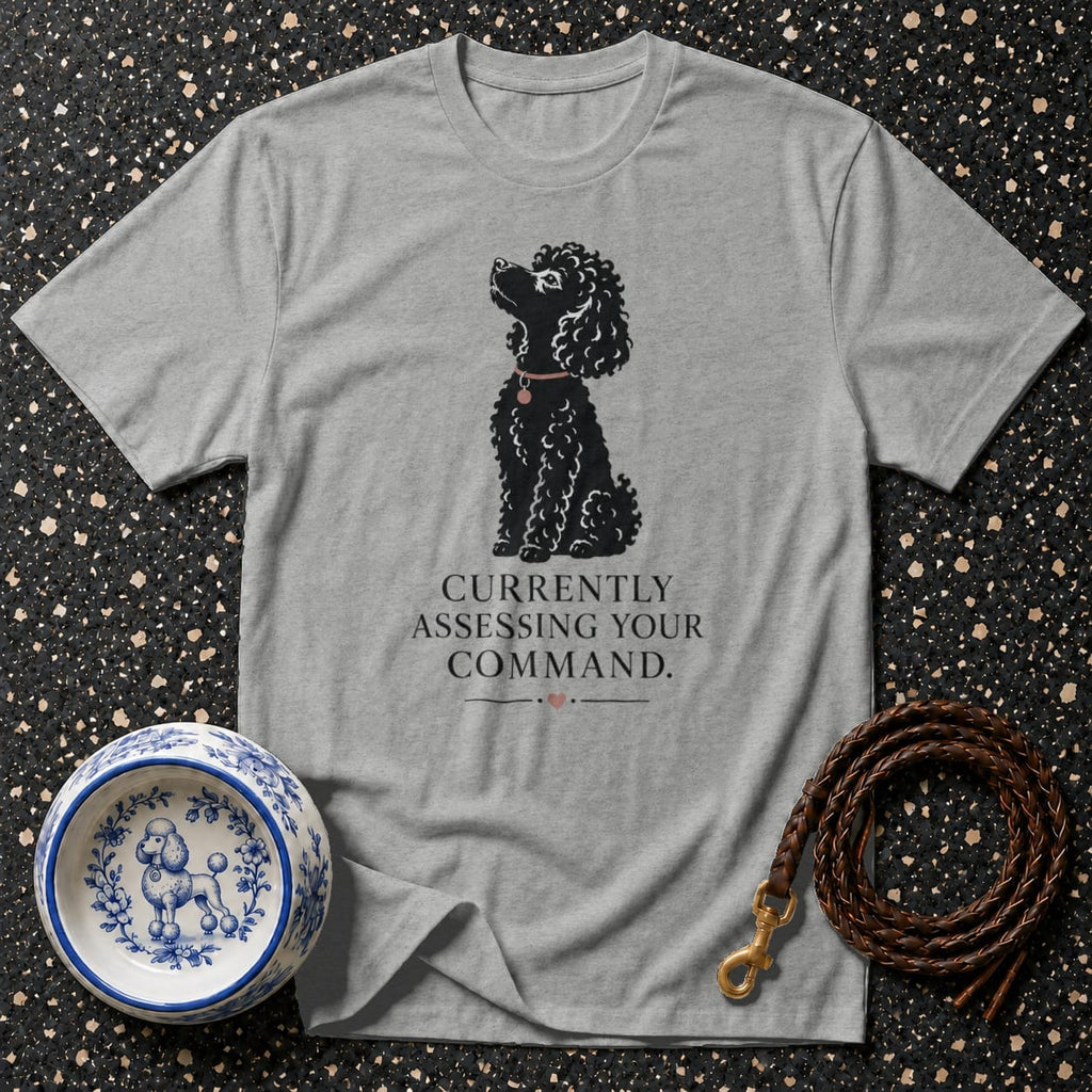 Grey t-shirt with black poodle graphic and text "Currently Assessing Your Command."