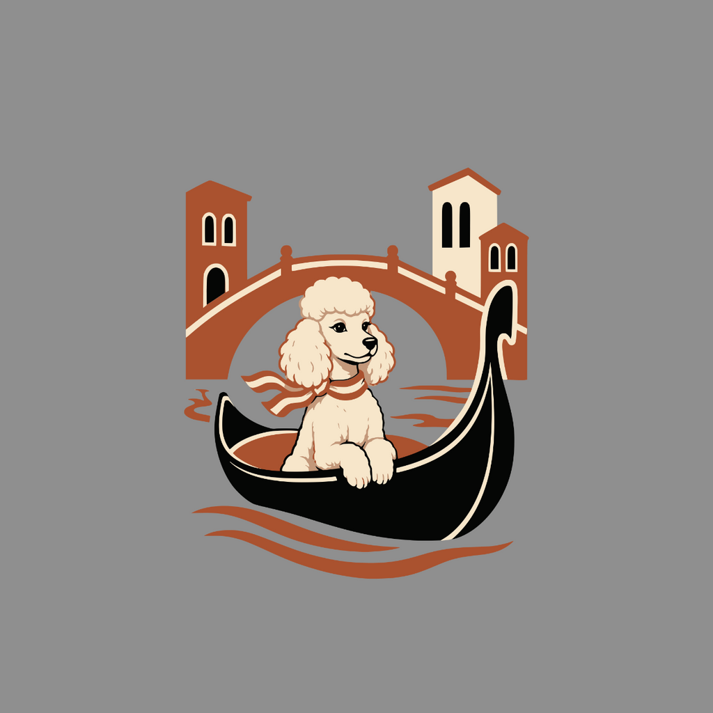 Poodle in a gondola with Venetian bridge and buildings in background.