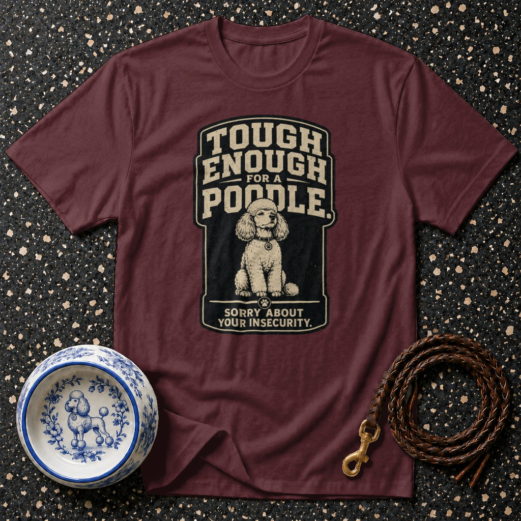 Maroon t-shirt with a poodle graphic and text "Tough Enough For a Poodle".